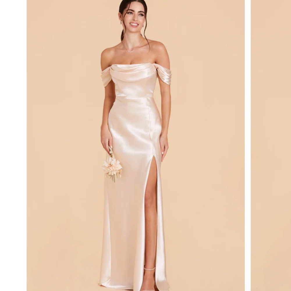 Birdy Grey Shiny Satin Champagne Off-Shoulder Slit Gown